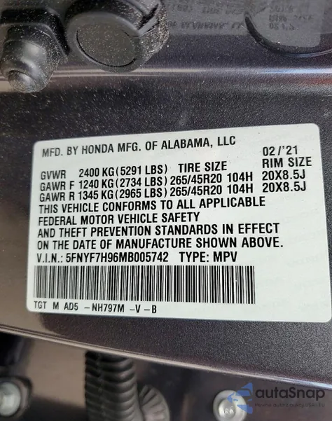 2021 Honda Passport Touring z USA, uszkodzony, nr VIN 5FNYF7H96MB005742